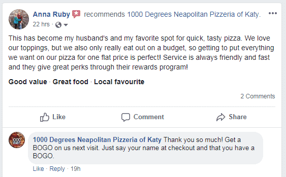 example of positive recommendation on a local facebook business page