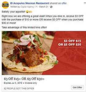 facebook offer advertising example for el acapulco mexican restaurant