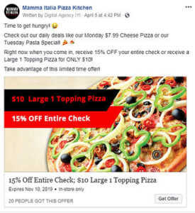 facebook offer advertising example for mamma italia pizza kitchen