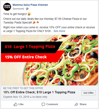 facebook offer advertising example for mamma italia pizza kitchen
