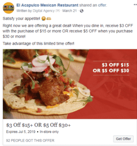 facebook offer advertising example for el acapulco mexican restaurant