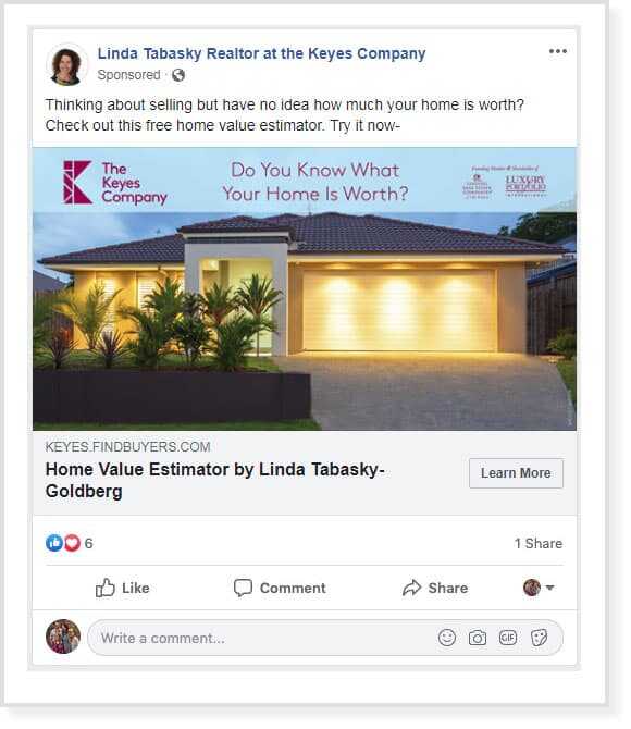 facebook offer advertising example for linda tabasky realtor at the keyes company