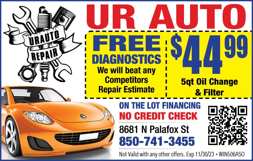 Ur Auto: Free Diagnostics, $44.99 5qt oil change & filter. 850-741-3455