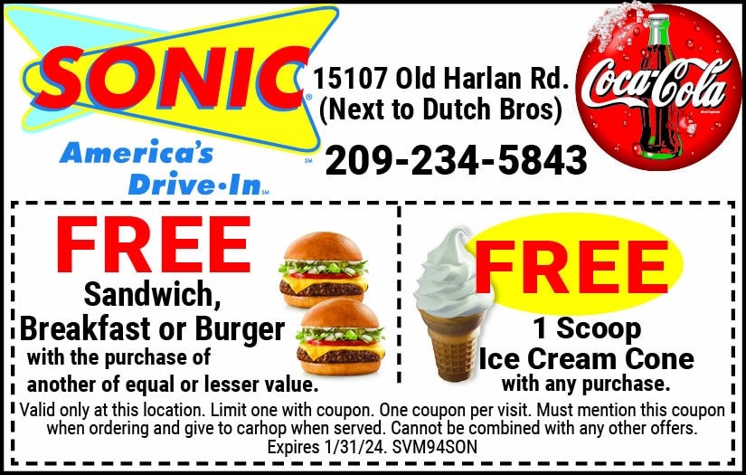 Sonic Drive-In: Free Sandwich, Breakfast, or Burger with purchase of another of equal or lesser value, or Free 1 scoop ice cream cone with any purchase