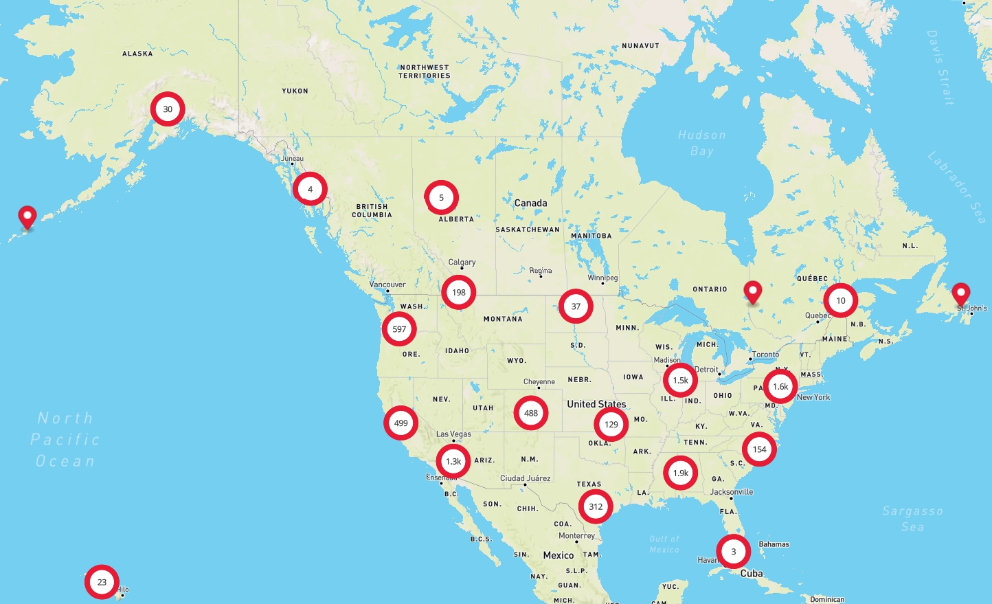 map of US and Canada stores